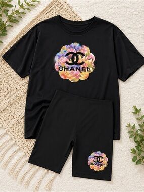PLUS SIZE Black Floral Logo Tee & Bike Shorts Set